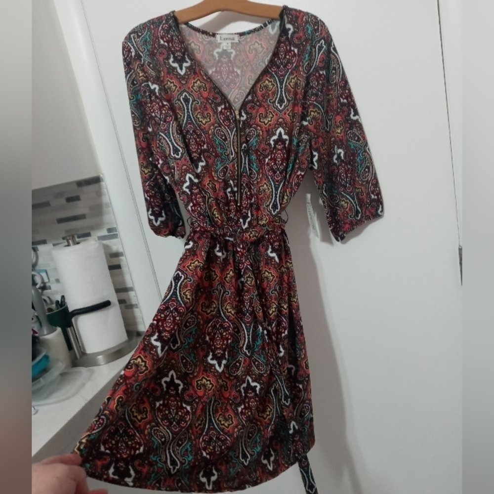 Espresso 1/2 Zip front 1/2 Balloon sleeve paisley Knee Length  dress 1X NEW